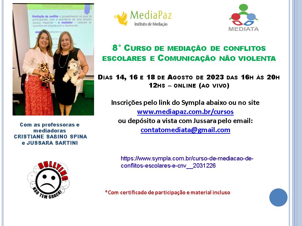 Folder Curso online mediação de conflitos escolares e CNV Agosto 2023