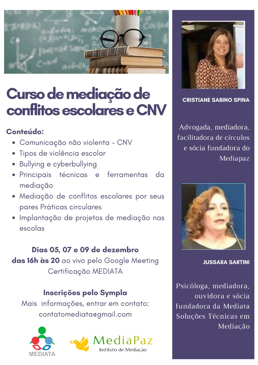 Folder curso de mediação escolar e CNV on line dez 2022