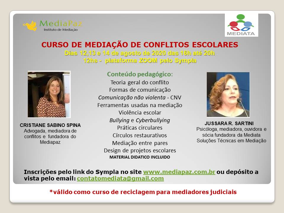 Folder curso on line mediação de conflitos escolares agosto 2020